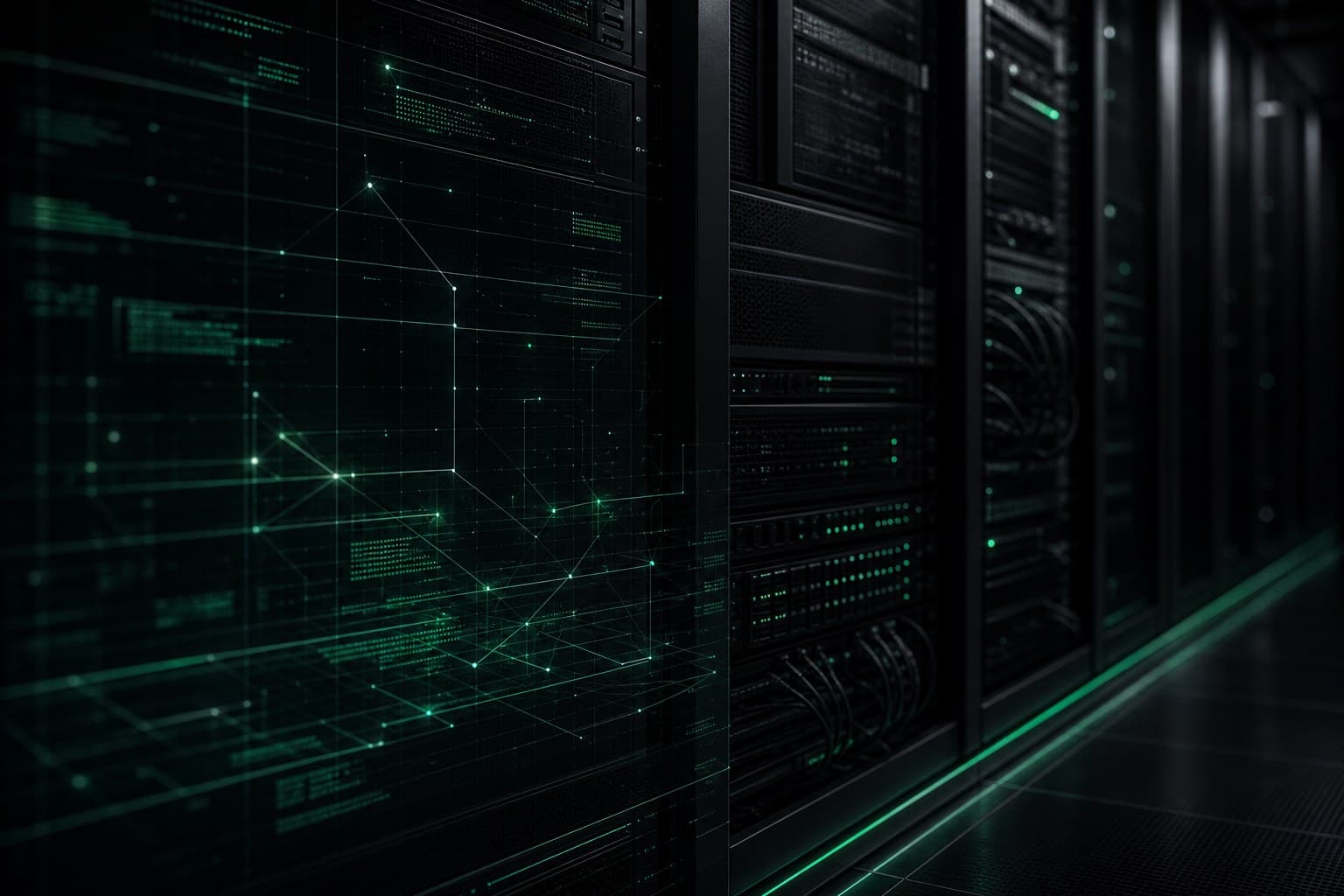 Dunkle technische Infrastruktur mit Serverracks und abstrakter Netzwerktopologie