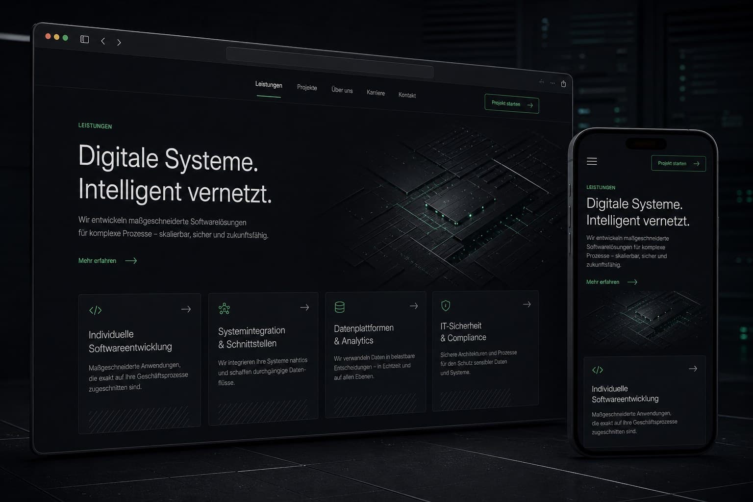 Dunkles Website-Mockup mit Browser- und Mobilansicht