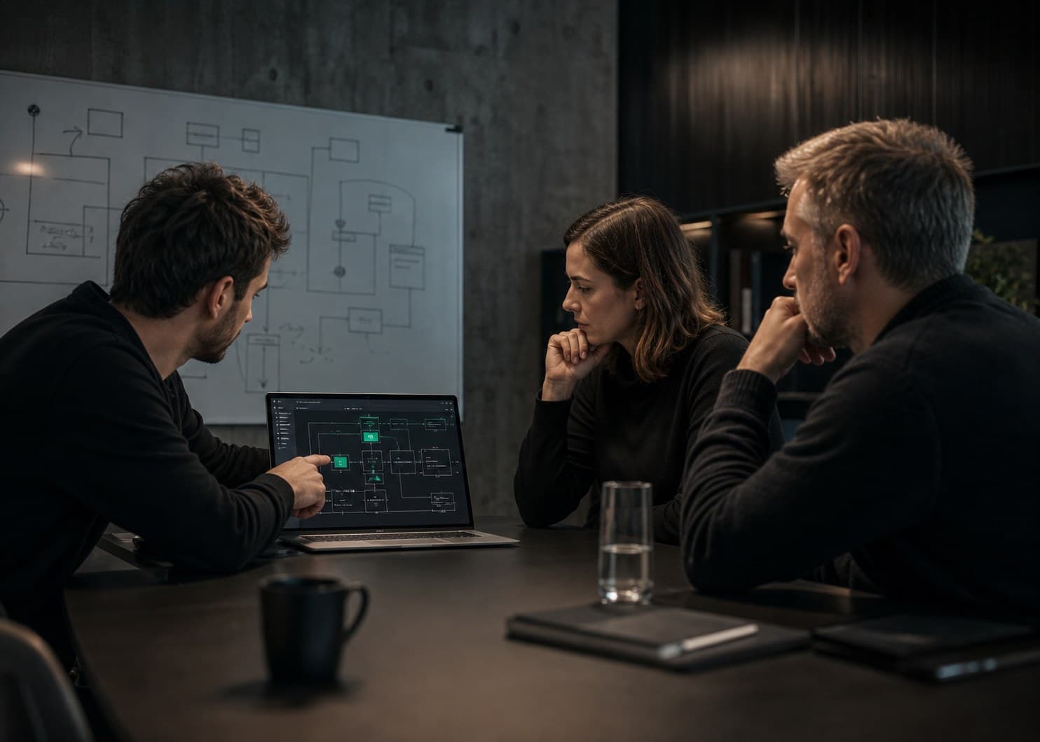 Team bei der Besprechung einer Softwarearchitektur an Laptop und Whiteboard