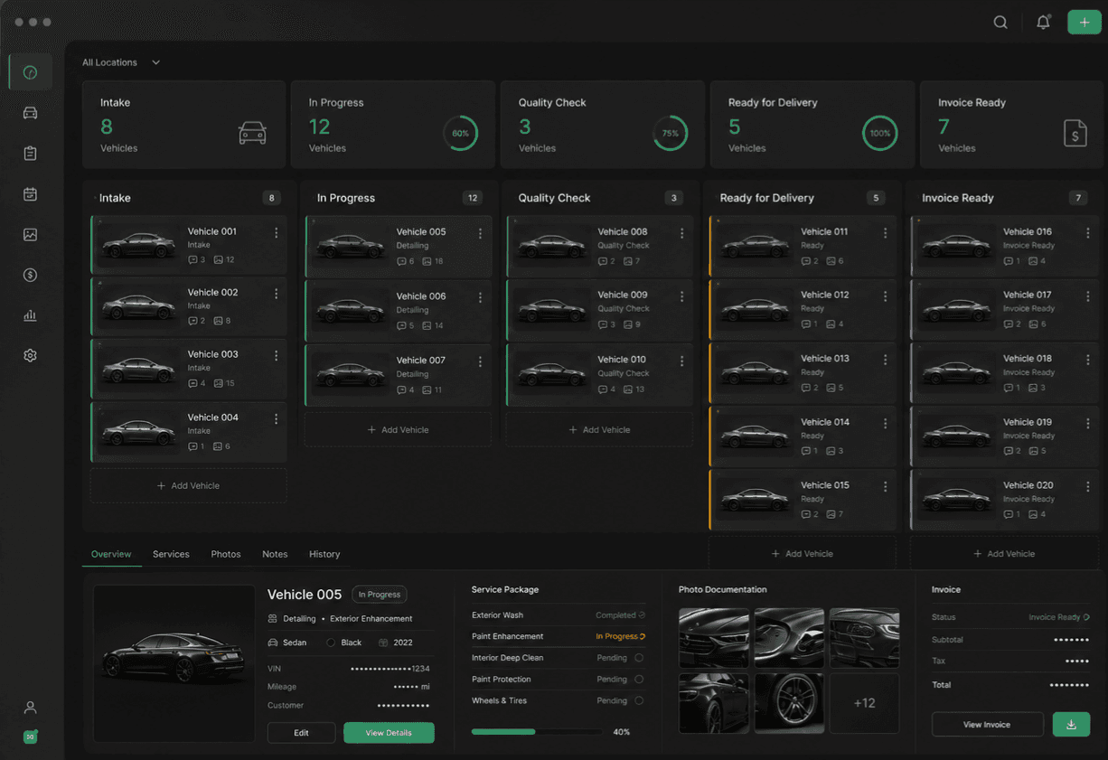 Dunkles UI-Mockup eines Fahrzeug-Management-Systems für Autoaufbereitung