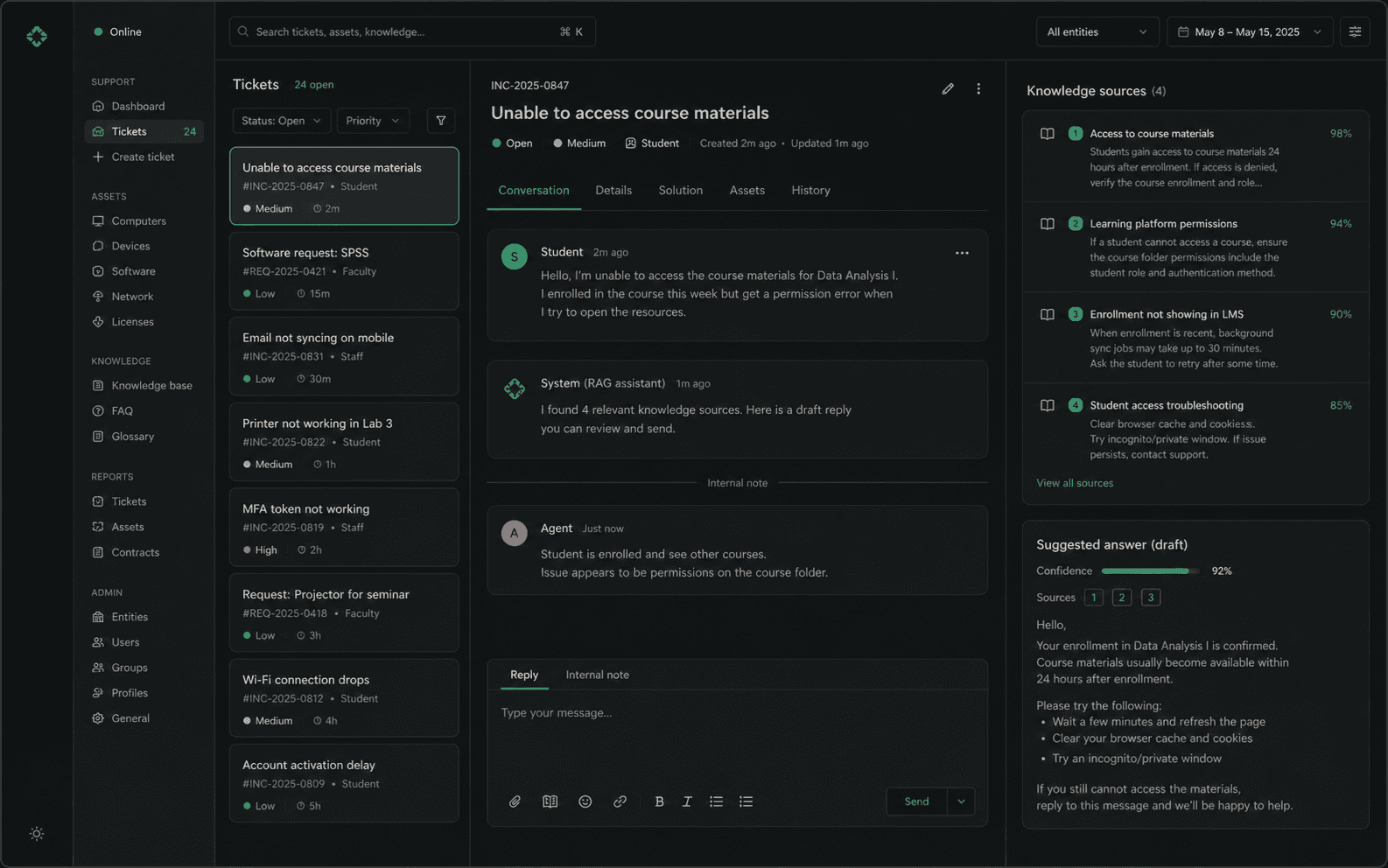 Dunkles UI-Mockup eines GLPI-Supportsystems mit RAG-Antwortvorschlag