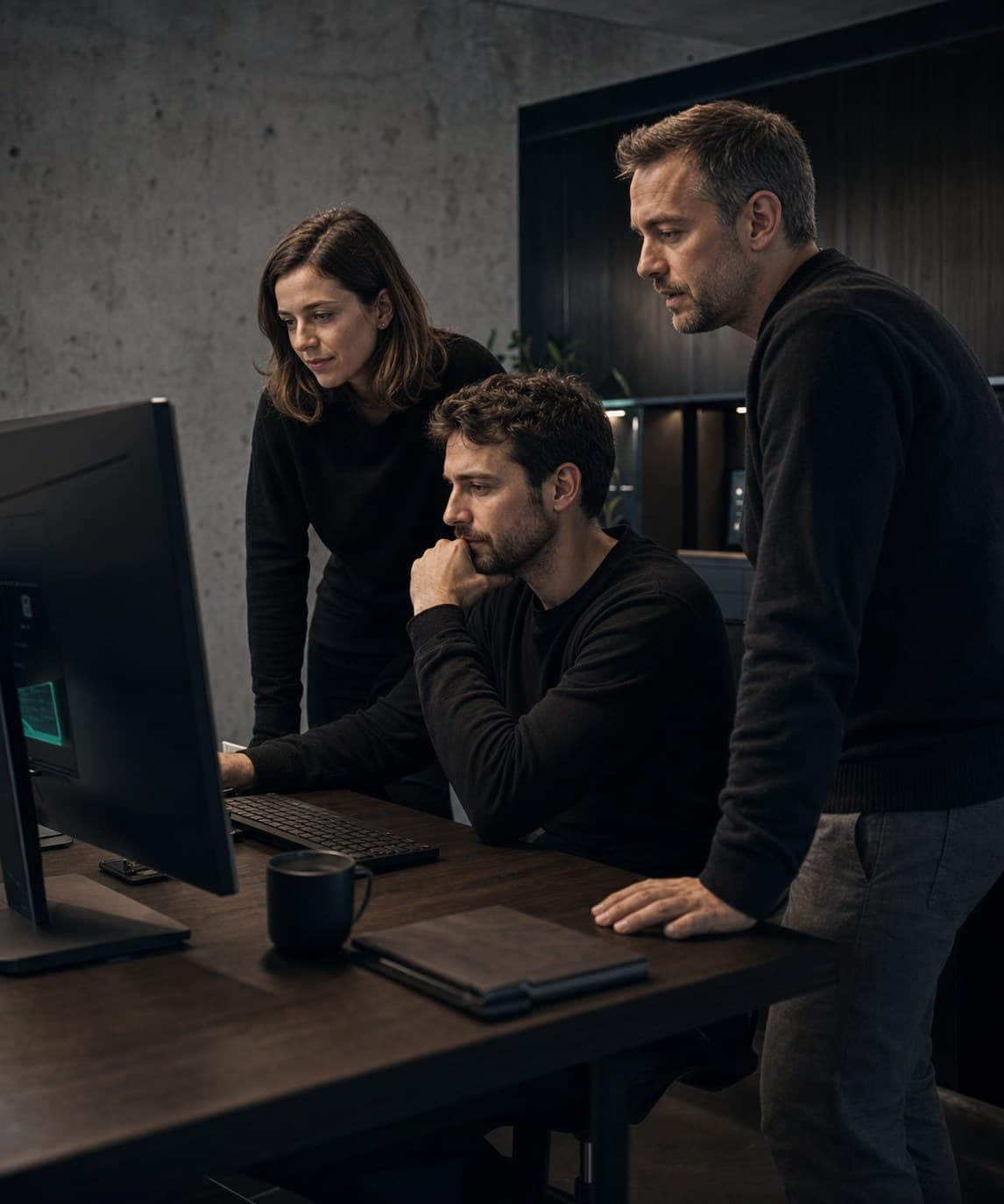 Dunkle professionelle Arbeitsszene eines kleinen Softwareteams